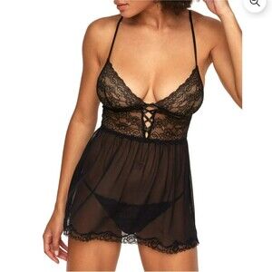 Adore Me Babydoll Womens Large Black Lace Mesh Lingerie Jet Black Sheer